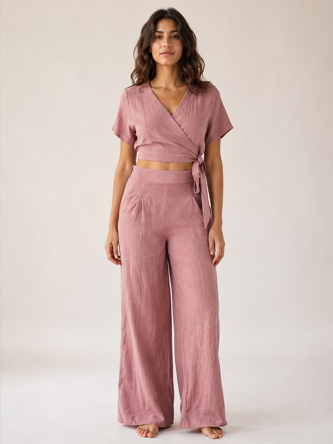 New In - Dusty Rose Wrap Top Trouser Set