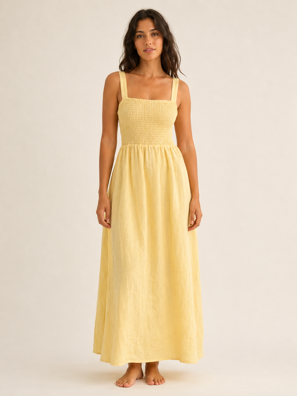 The Butter Linen Smocked Maxi front view
