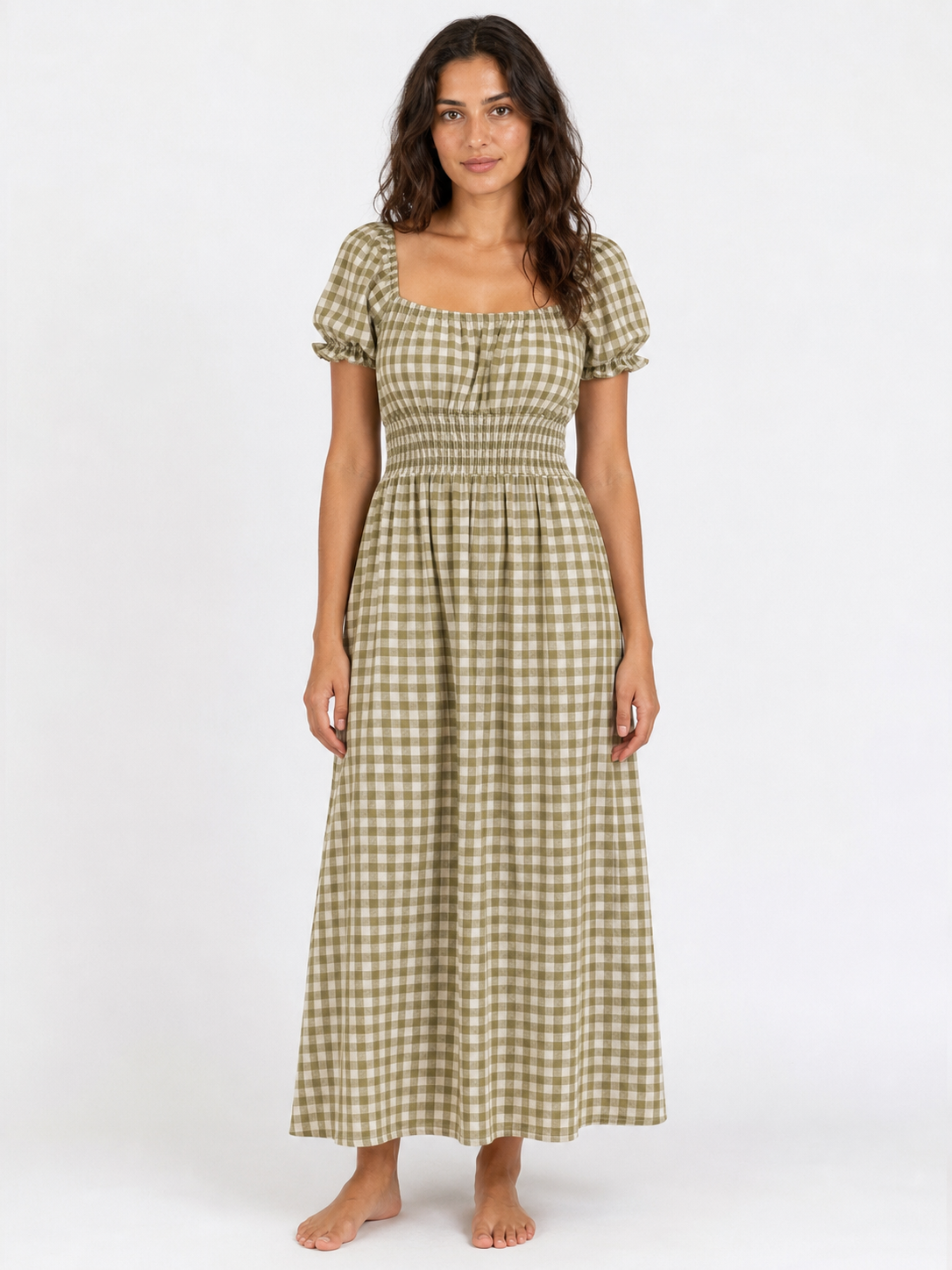 The Olive Gingham Shirred Maxi front view