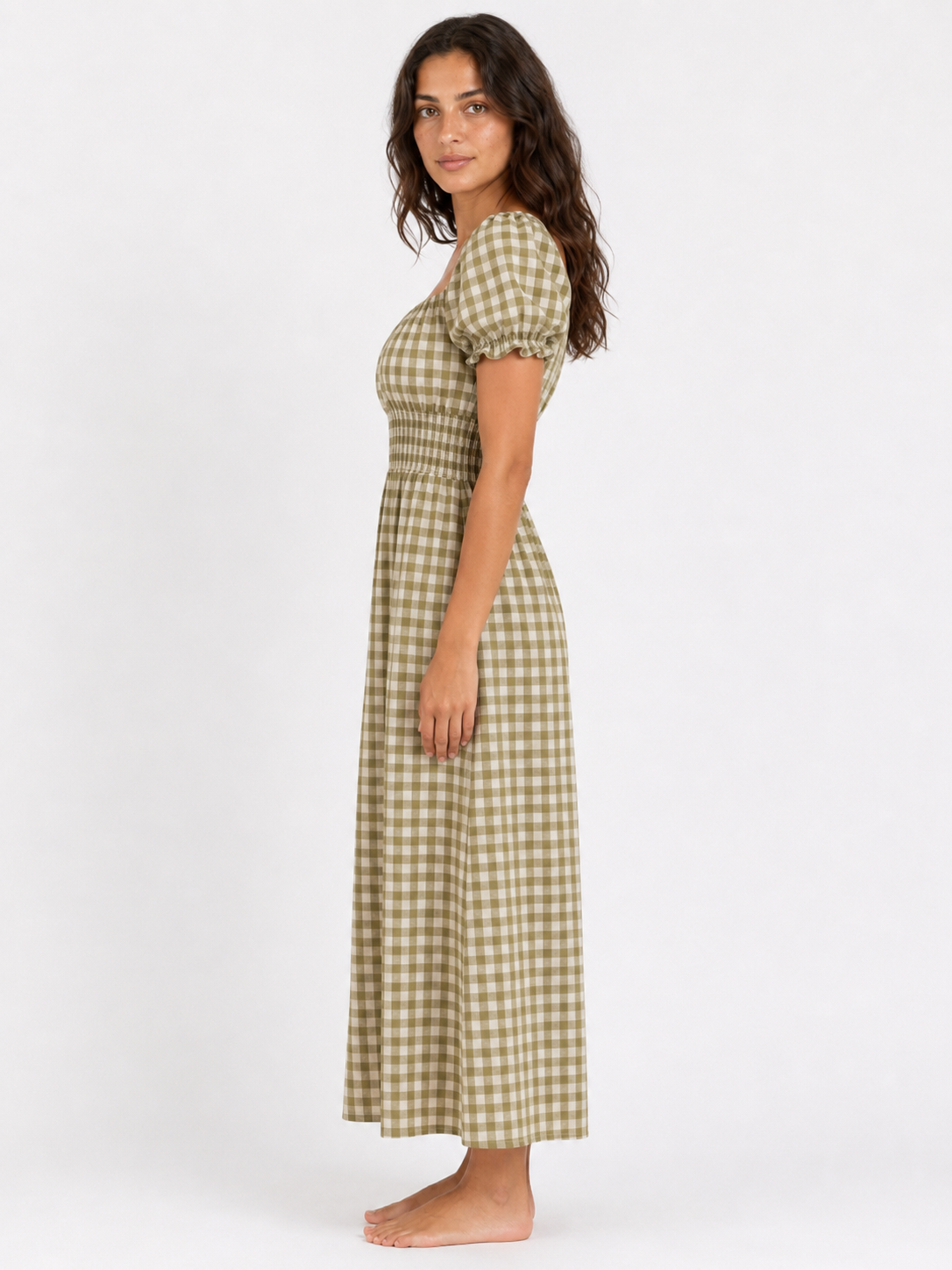 The Olive Gingham Shirred Maxi secondary view