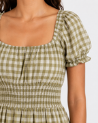 The Olive Gingham Shirred Maxi bodice detail