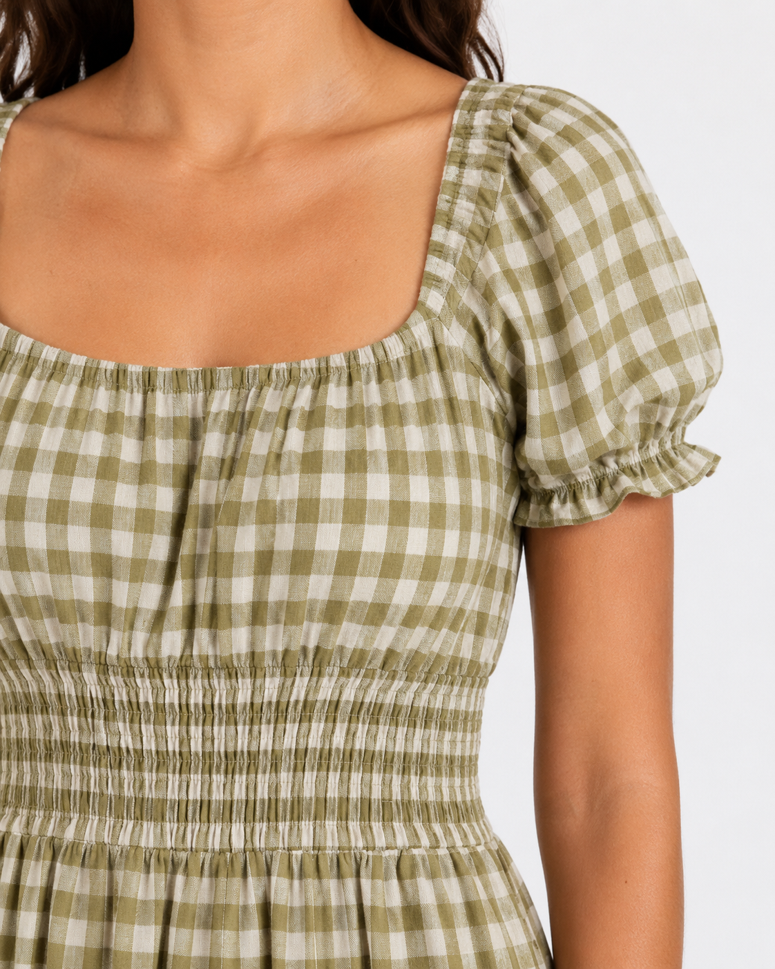 The Olive Gingham Shirred Maxi bodice detail