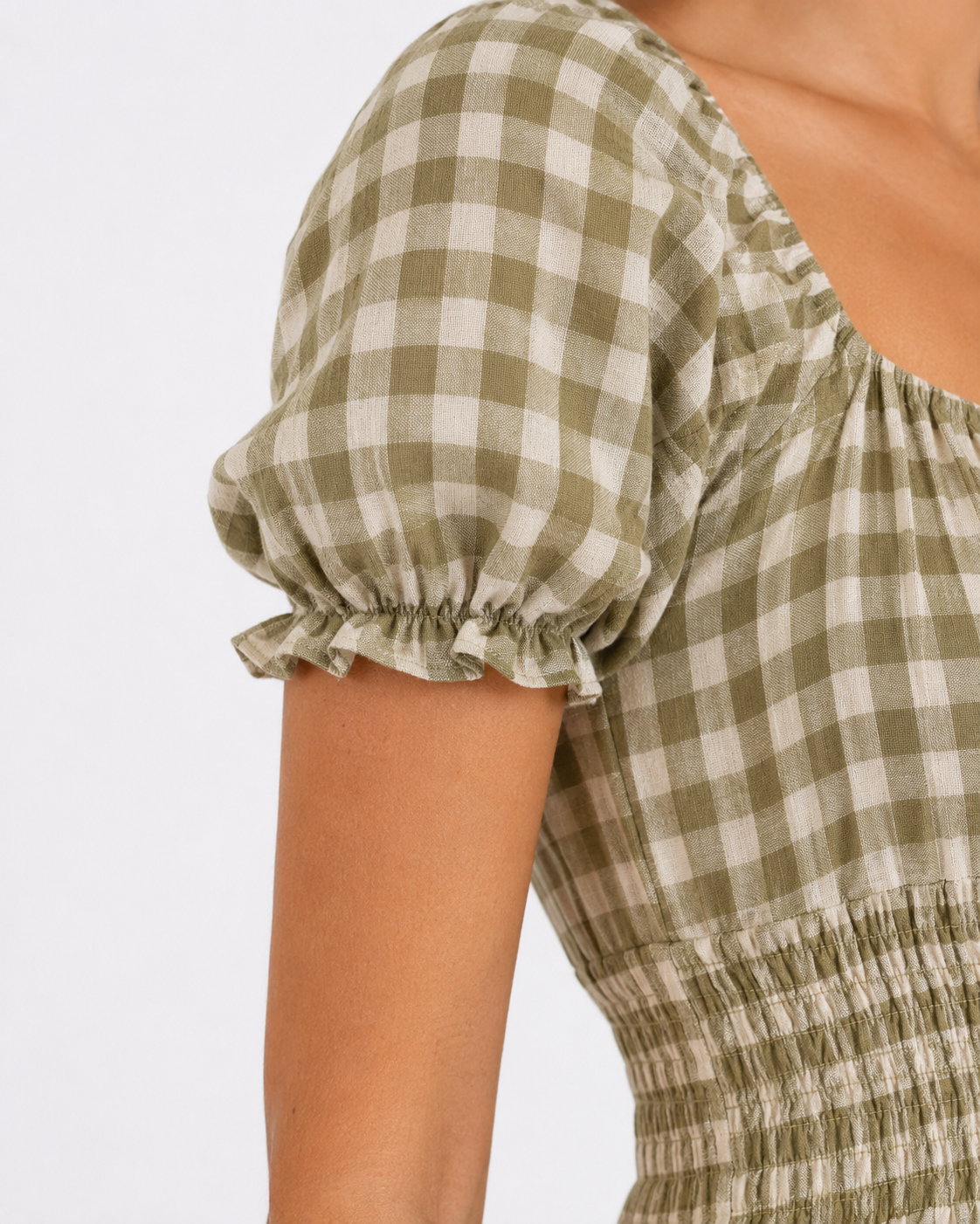 The Olive Gingham Shirred Maxi fabric detail