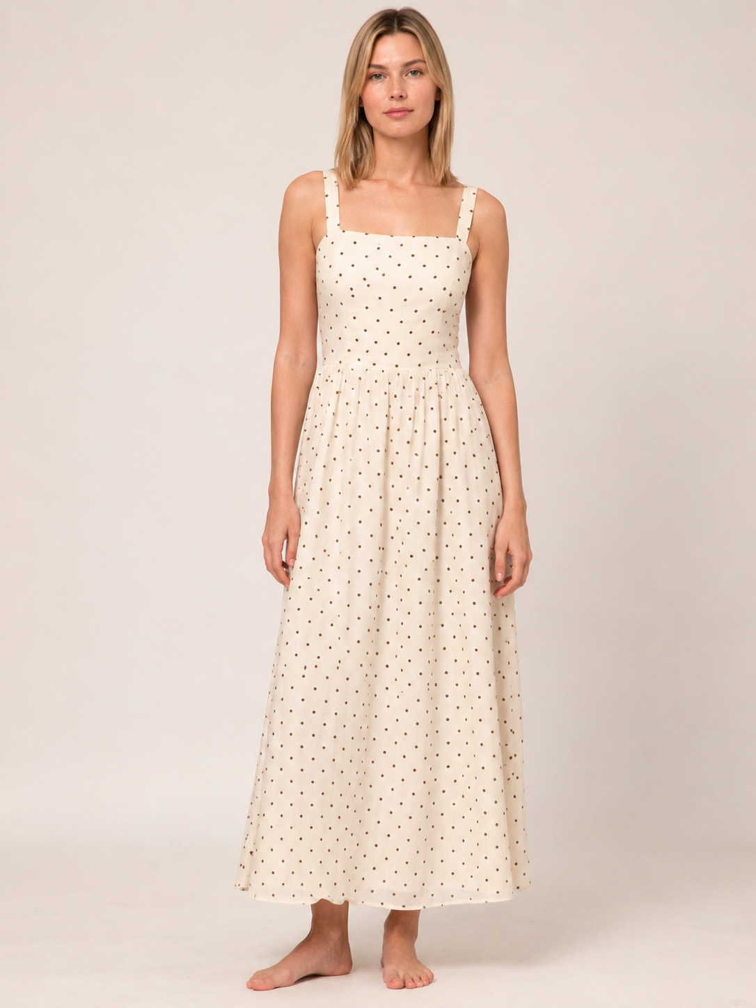 The Mocha Polka Dot Linen Maxi front view