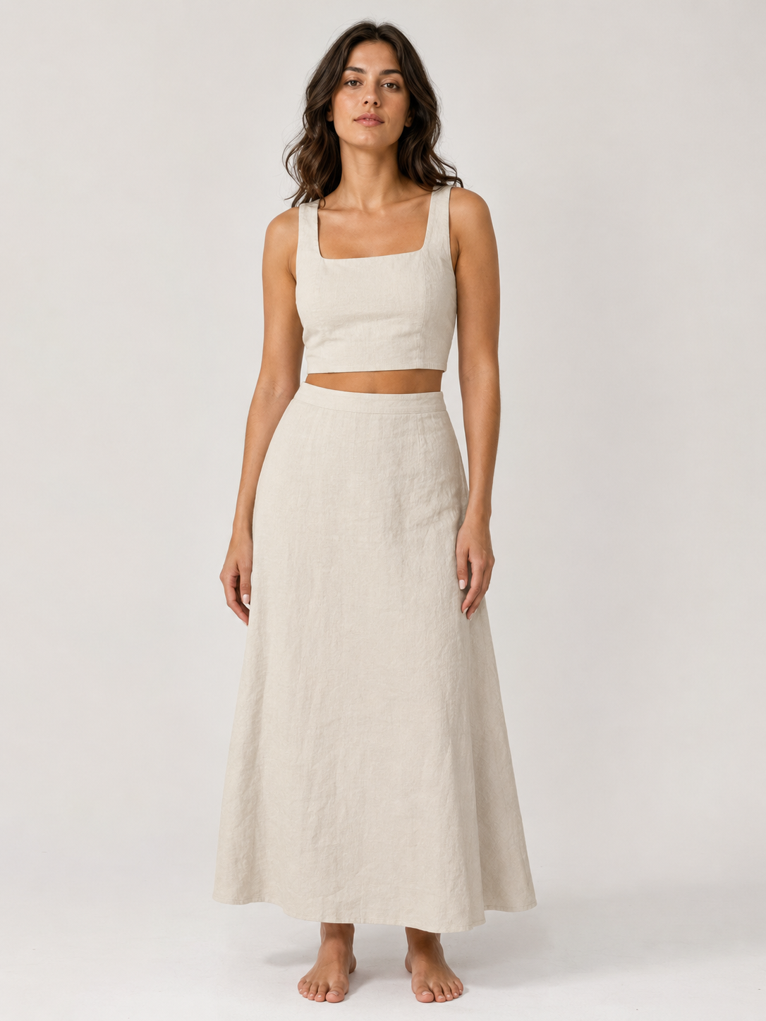 The Ecru Linen Maxi Skirt Co-ord front view