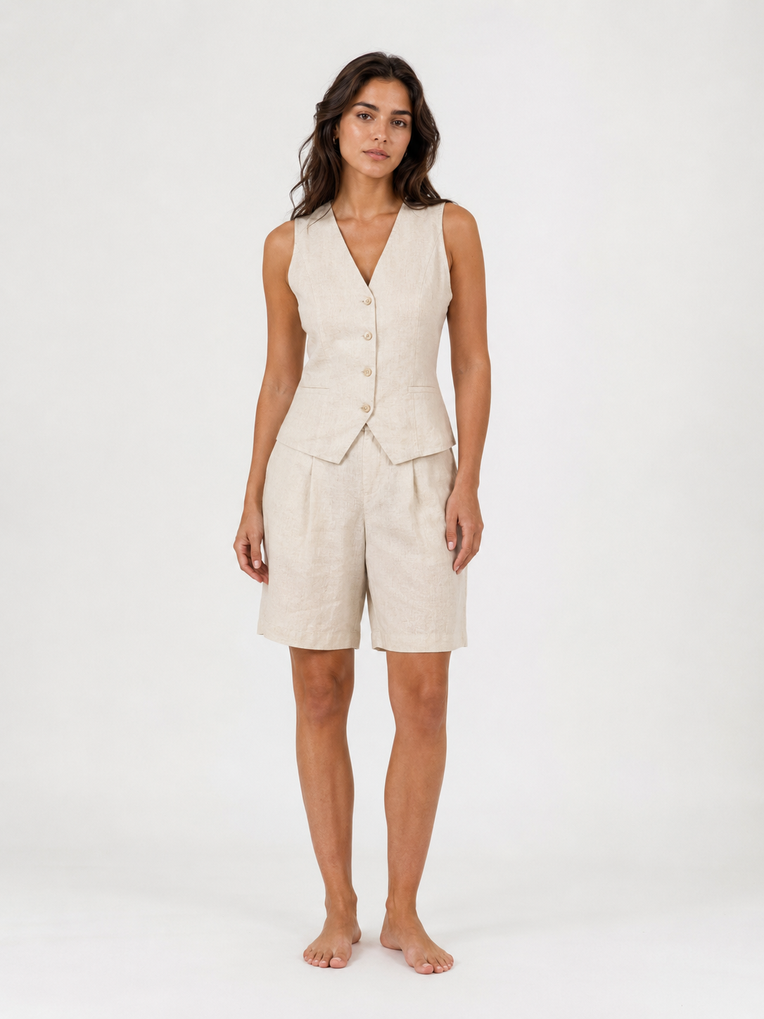 The Ecru Linen Waistcoat Bermuda Set front view