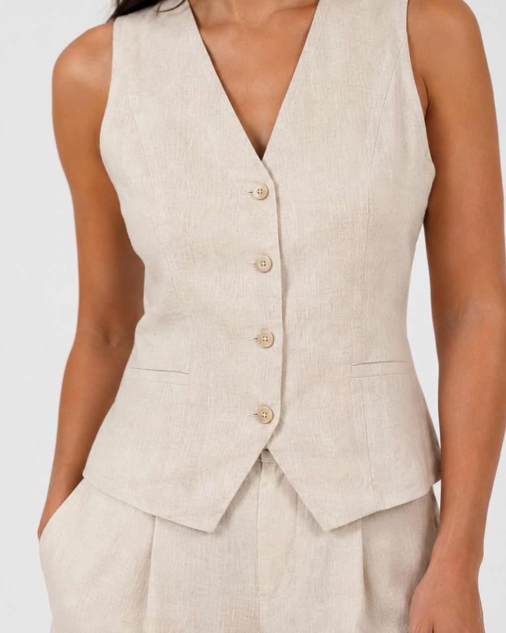 The Ecru Linen Waistcoat Bermuda Set waistcoat detail