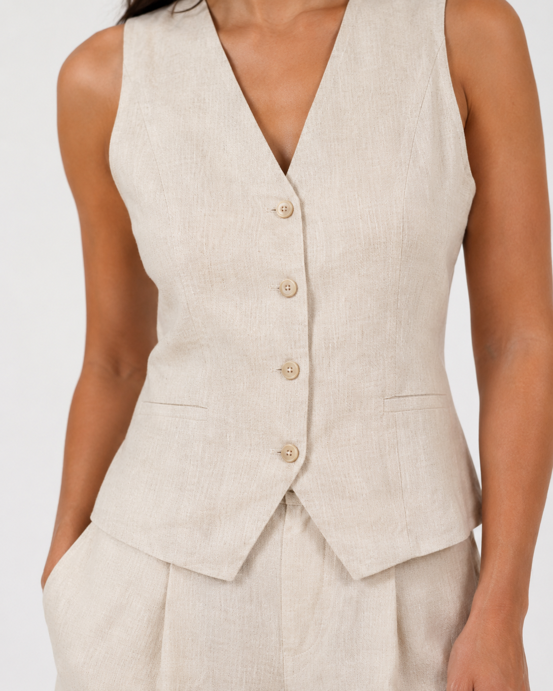 The Ecru Linen Waistcoat Bermuda Set waistcoat detail