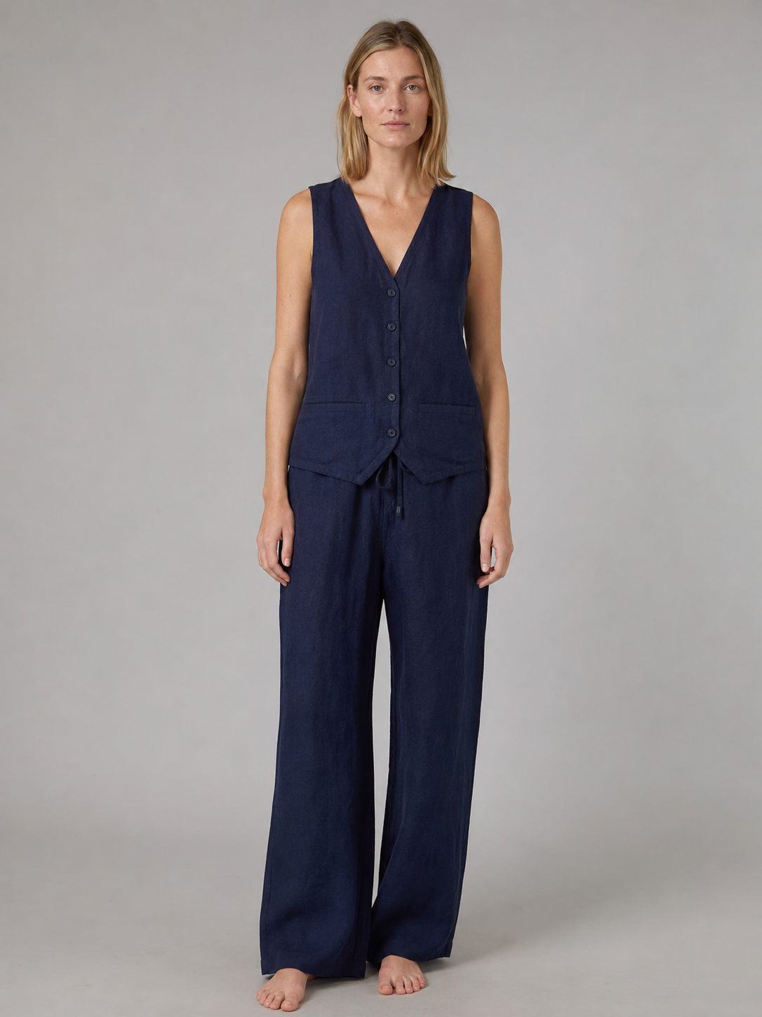 The Navy Linen Trouser Set front view