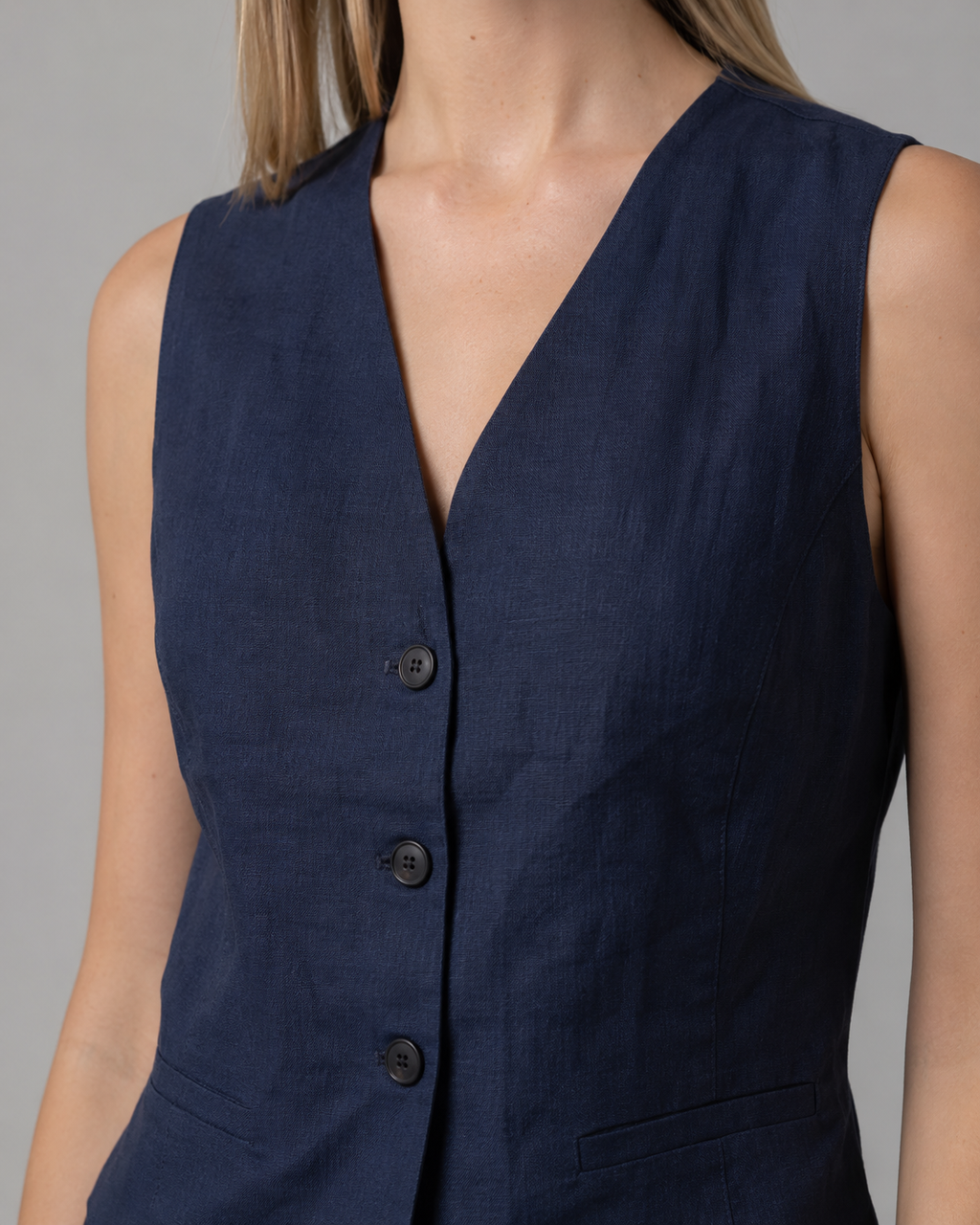 The Navy Linen Trouser Set vest detail