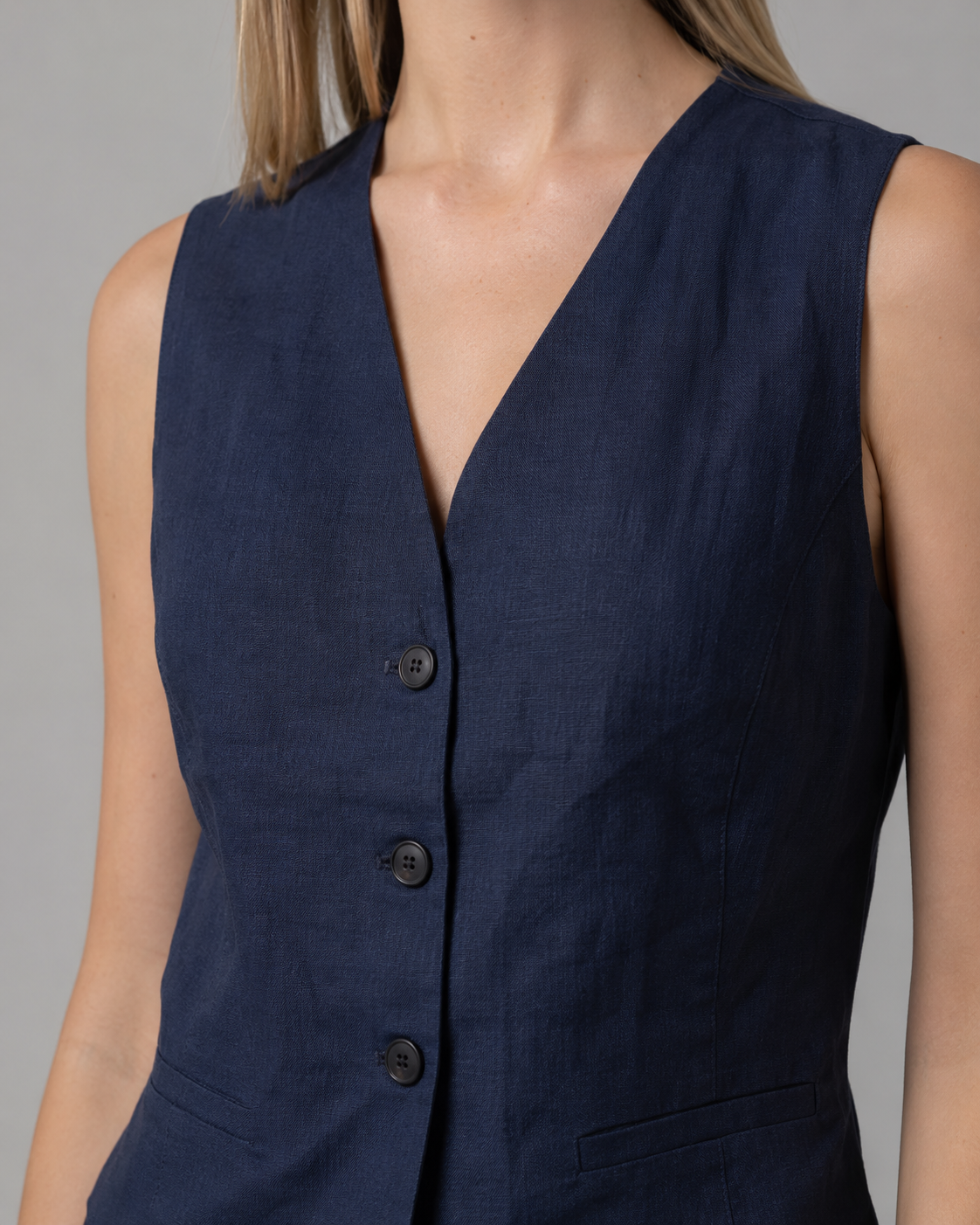 The Navy Linen Trouser Set vest detail