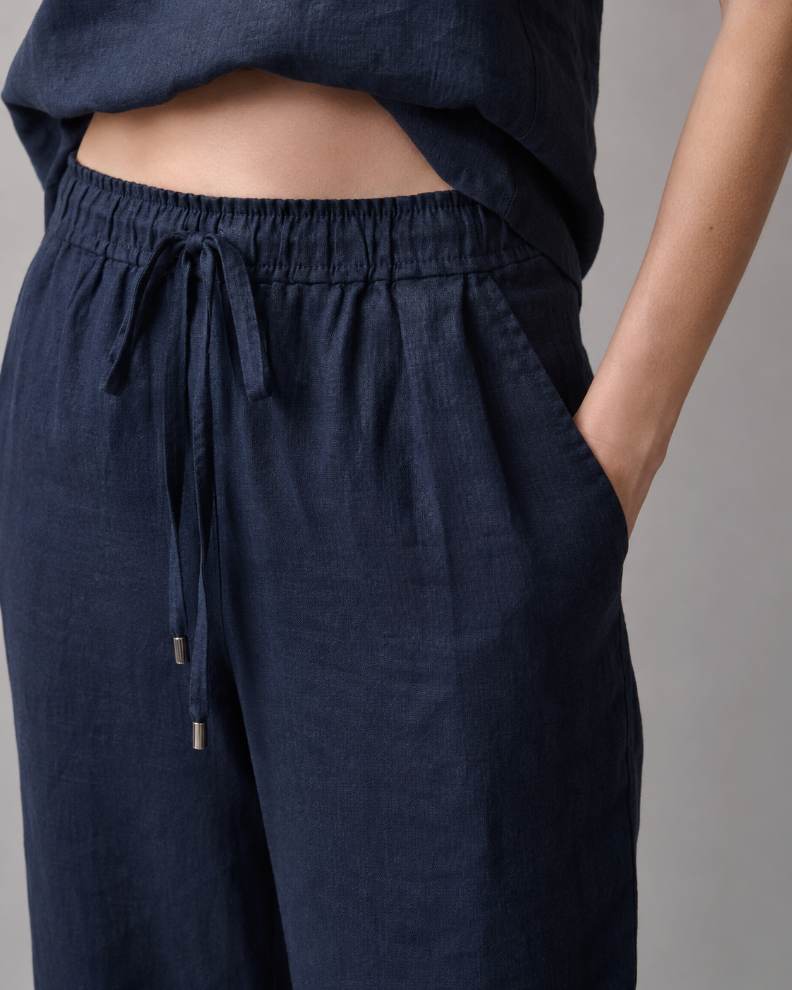 The Navy Linen Trouser Set waistband detail