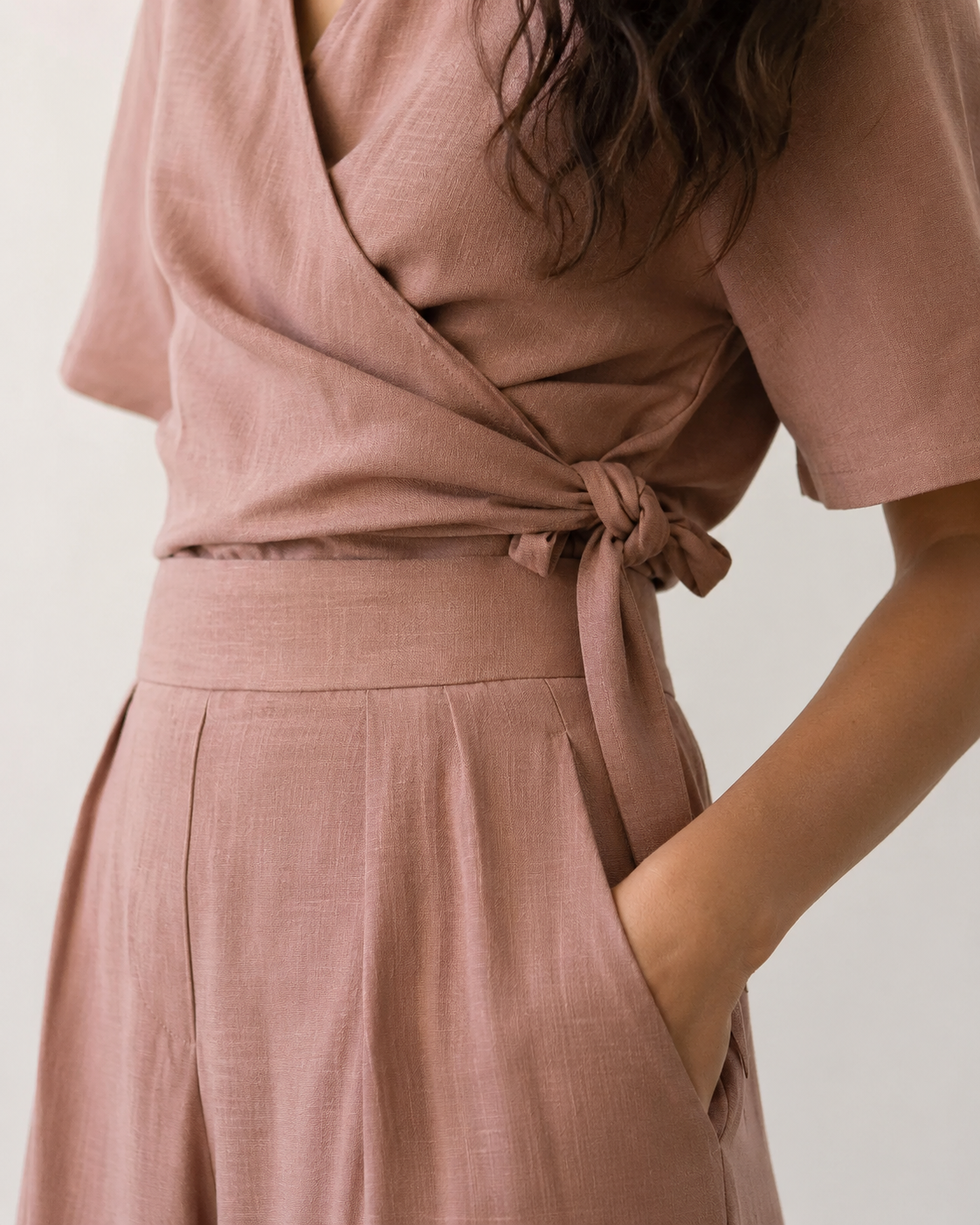 The Dusty Rose Wrap Top Trouser Set trouser detail