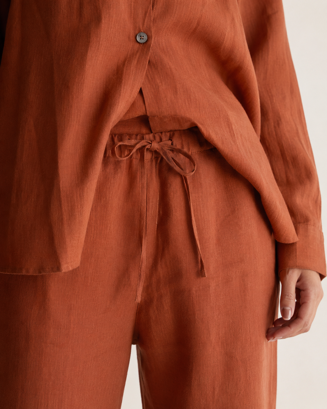 The Terracotta Longline Shirt Set trouser detail